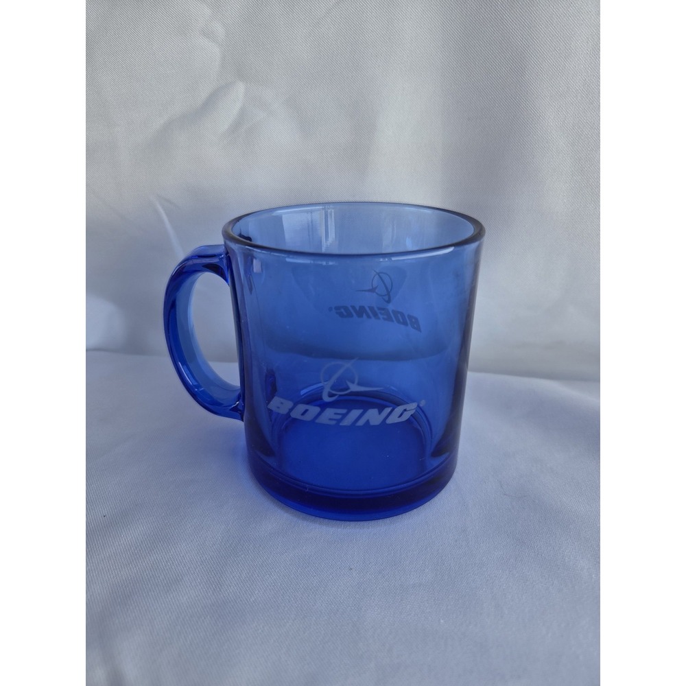 Vintage Boeing Cobalt Blue Glass Coffee Mug Logo Aviation Employee Souvenir